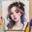 久久色用户插画师Rina头像，艺术气质女性，背景有画板和彩色画笔